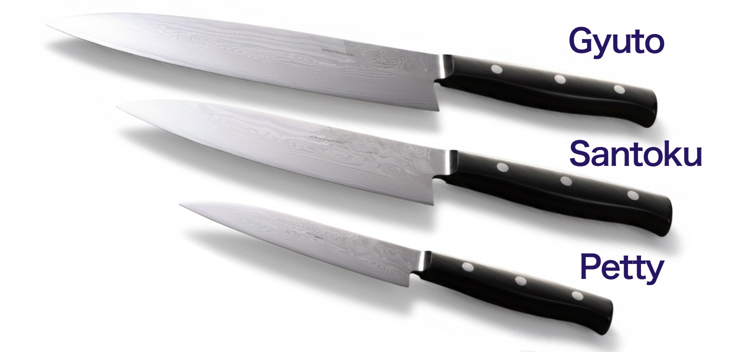 Comparison of three essential Japanese knife types: Gyuto, Santoku, and Petty.