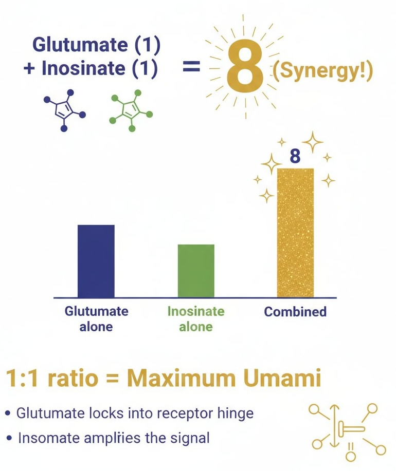 A bar chart showing the 7-to-8-fold amplification when glutamate and inosinate are combined.