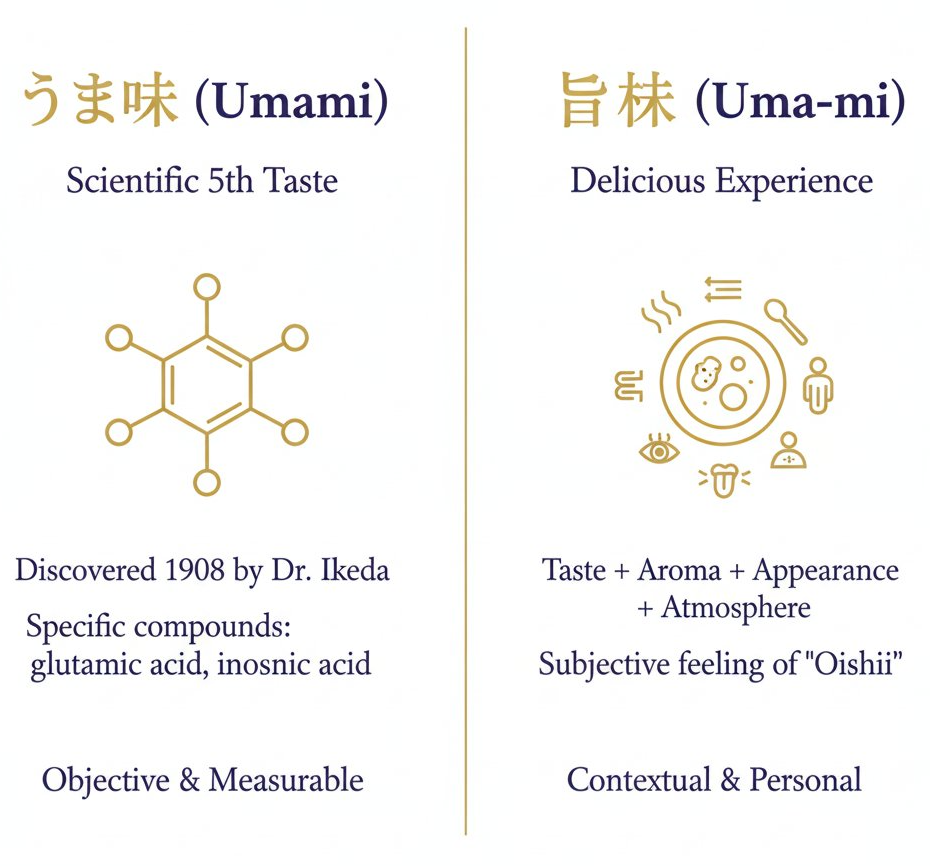 A visual comparison of Japanese writing: Umami in hiragana (scientific taste) versus Umami in kanji (general deliciousness).