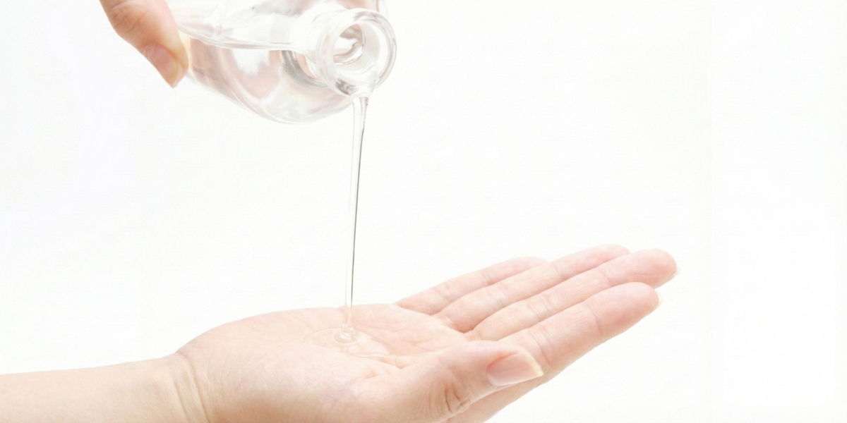 A person pouring viscous premium lotion from its signature blue bottle into a palm, emphasizing the rich hydration of Japanese hyaluronic acid.
