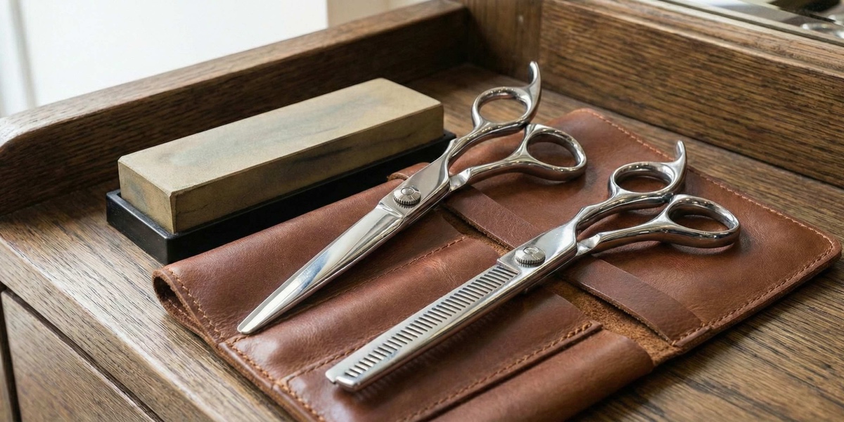 Professional Japanese hair shears and thinning scissors resting on a brown leather tool roll next to a traditional sharpening whetstone, representing master craftsmanship.