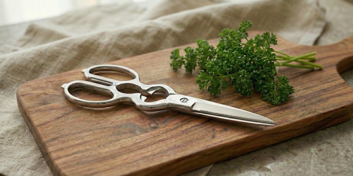 A pair of professional all-stainless Japanese kitchen shears on a rustic wooden cutting board with fresh parsley, showcasing minimalist Seki City design
