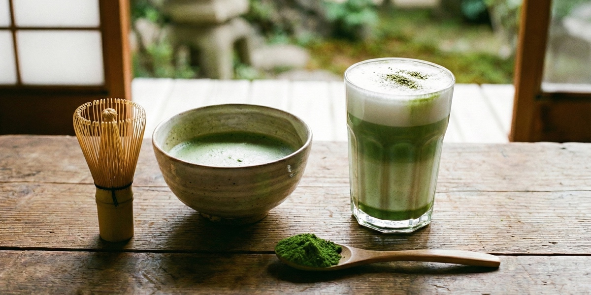 A traditional Japanese tea setting featuring a frothy bowl of ceremonial matcha, a bamboo whisk, and a layered matcha latte, with a serene zen garden in the background.