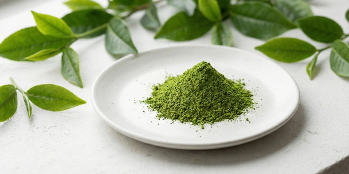 Vibrant green matcha powder mounded on a white ceramic plate, accompanied by fresh whole tea leaves to signify purity and antioxidant-rich quality.