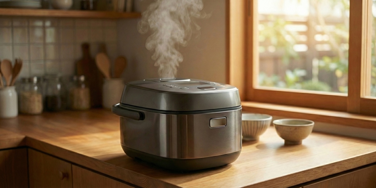 A modern Japanese IH rice cooker emitting steam in a sunlit kitchen next to two traditional rice bowls, representing authentic Japanese home cooking.