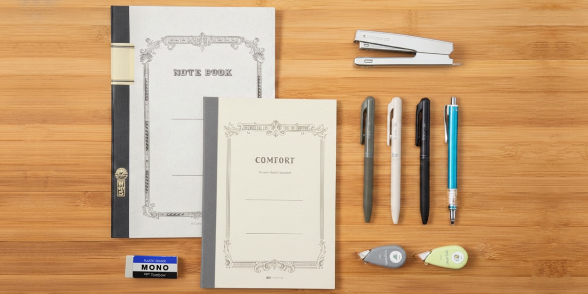 A minimalist flat lay of aesthetic Japanese stationery, including classic notebooks, earth-toned gel pens, a Zebra DelGuard pencil, and a Tombow Mono eraser on a light wood surface.