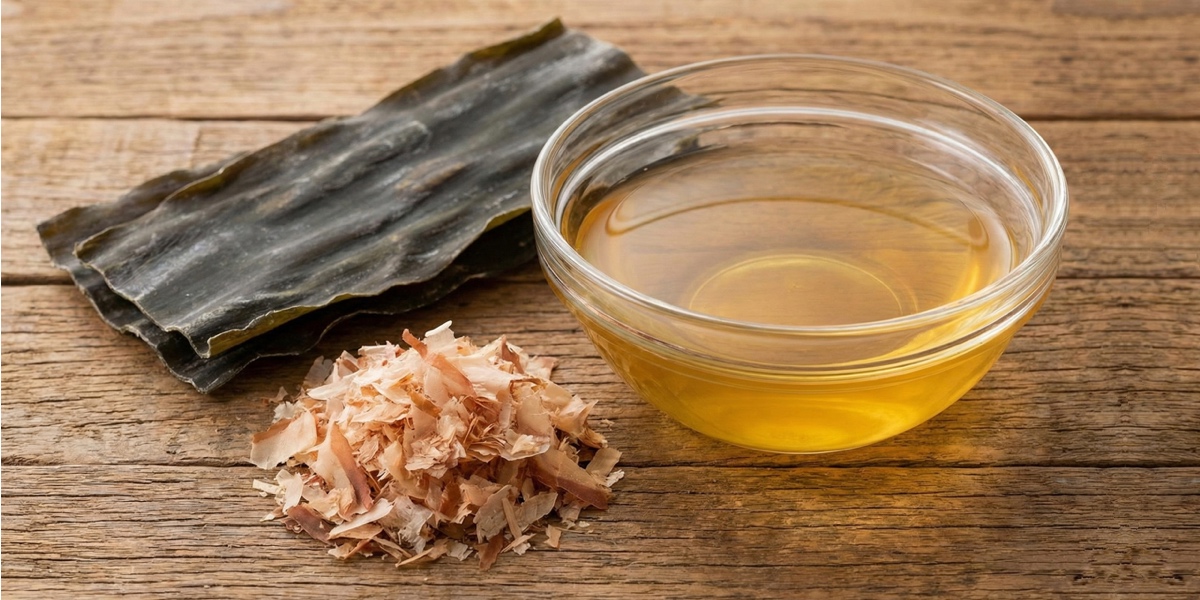 A clear bowl of golden dashi stock surrounded by dried kombu kelp and katsuobushi bonito flakes, representing the foundation of Japanese umami.